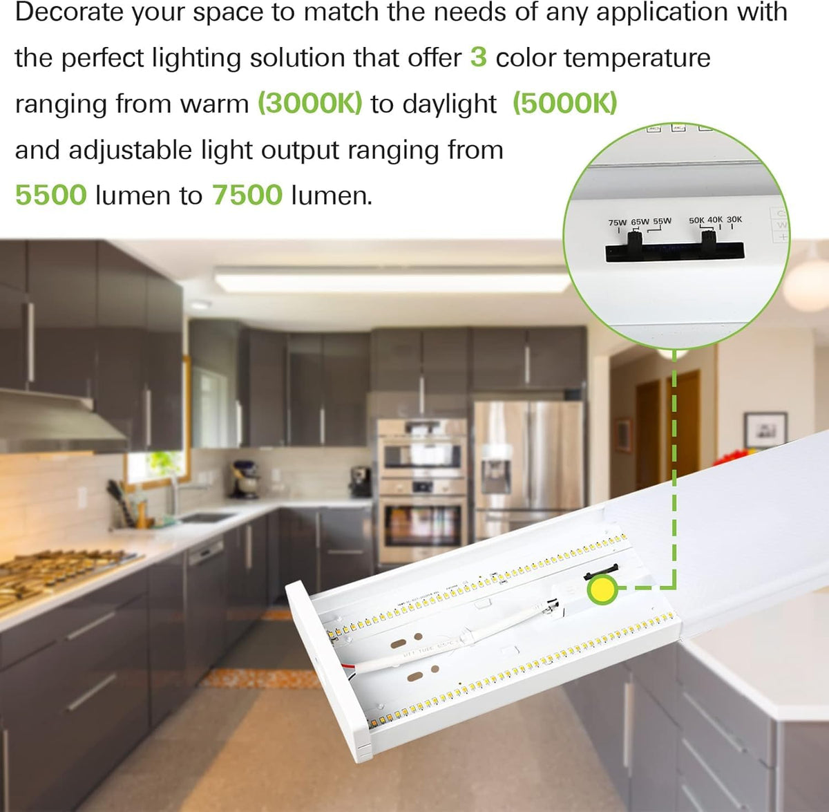 hykolity 4FT LED Wraparound Light with 3 Wattages/3 Lumens/3 CCT Selectable, 55W/65W/75W, 5500lm/6500lm/7500lm, 3000K/4000K/5000K, Flush Mount Office Ceiling Light Fixture, ETL