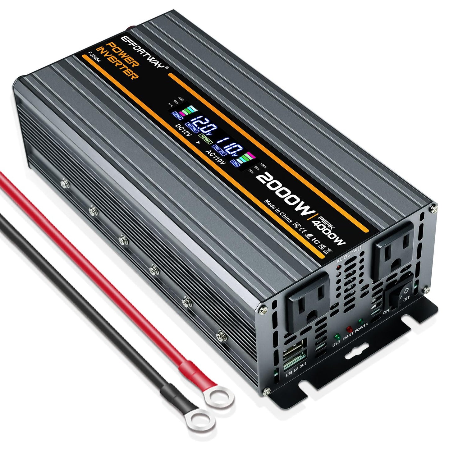 EFFORTWAY 2000W Power Inverter 4000W (Peak). 12V DC to 110V/120V AC Converter with LCD Display, 2 AC outlets, 2 USB, 2000w Inverter for Camping RV Travel Outdoor Truck Off-Grid Solar inverters