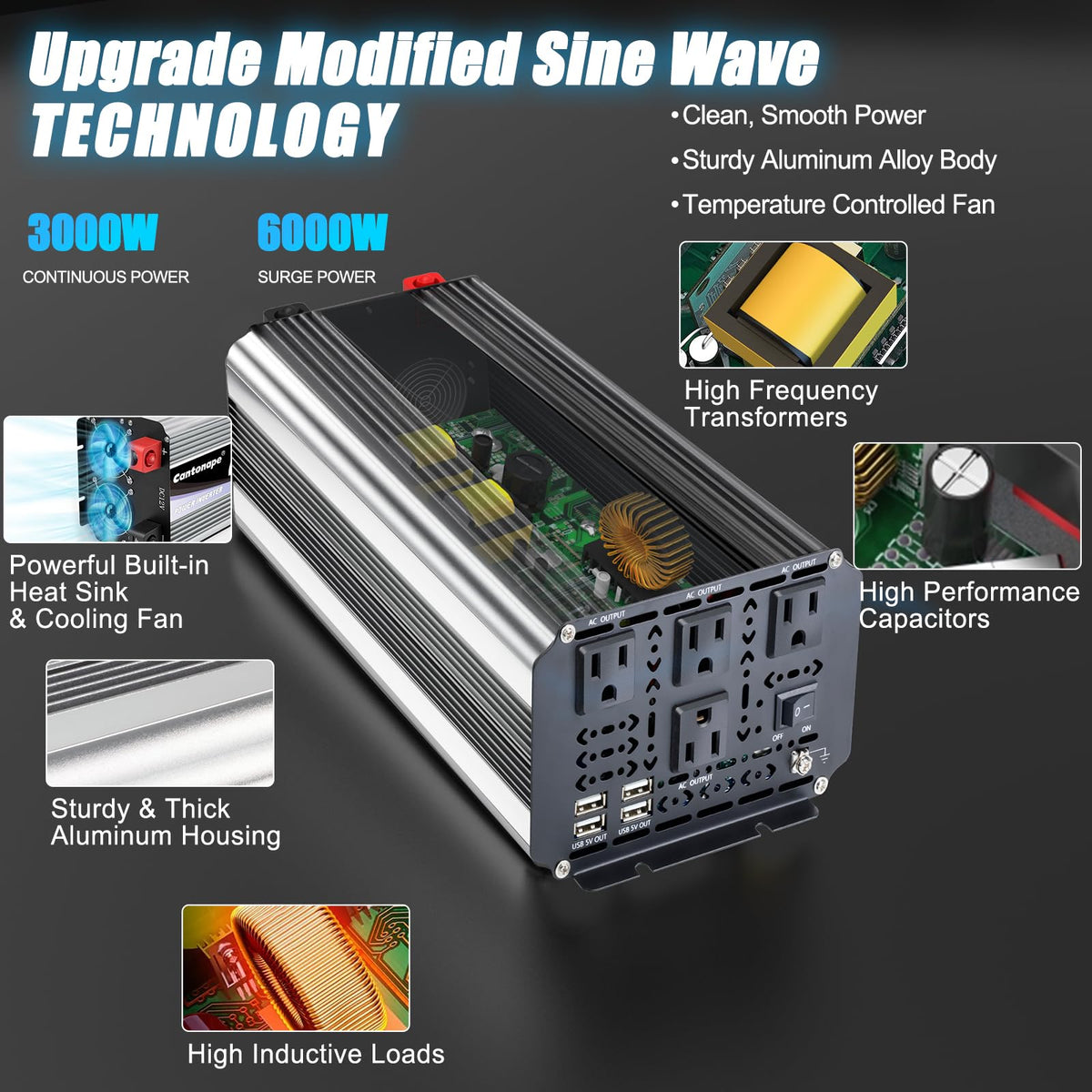 Cantonape 3000W Power Inverter 24V to 110V/120V DC to AC with LCD Display, Remote Controller and 4 x AC Outlets Car Adapter for Car Truck Boat RV Off Grid Solar System