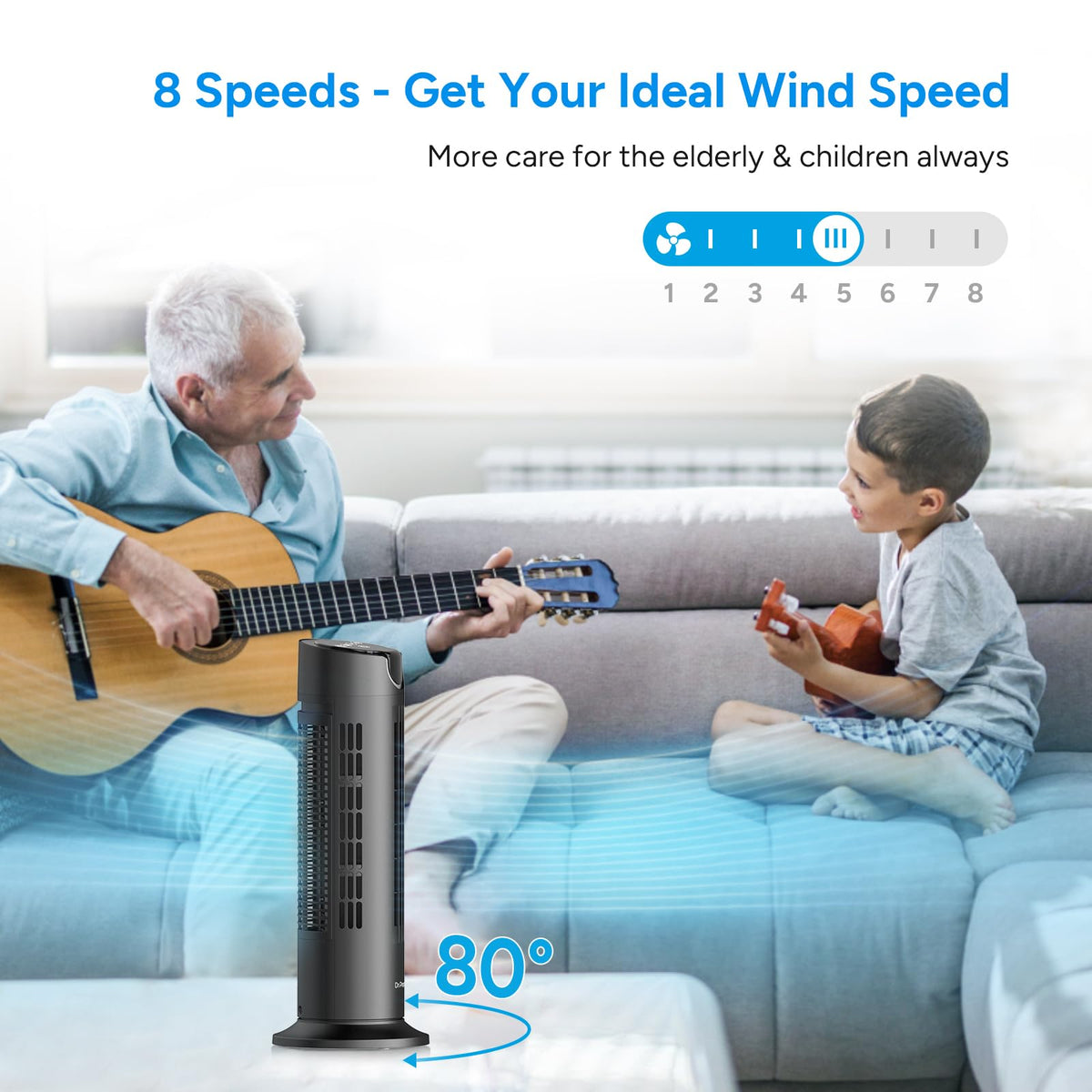 DR.PREPARE Tower Fan for Bedroom, 25 dB Quiet DC Bladeless Fan with Remote, 8 Speeds, 1-8H Timer, 80° Oscillating Fans for Indoors, 16 Inch Portable Desk Table Fans for Room, Home, Office