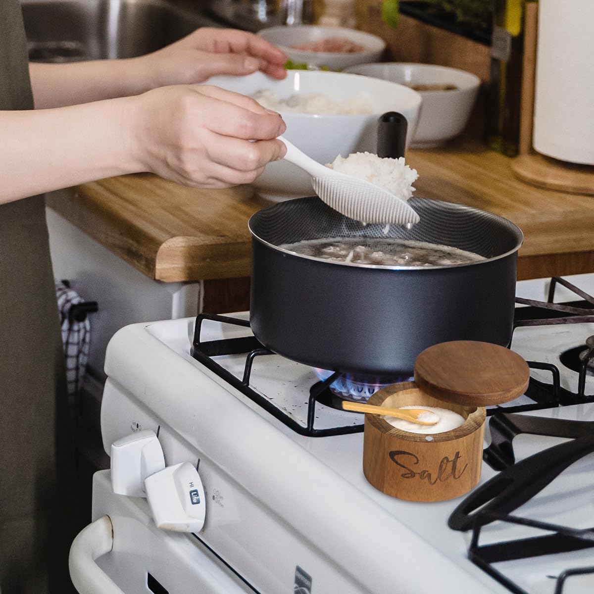 Acacia Wood Spice Boxs with Swivel Cover for Kitchen Countertop,Salt Keeper with Built-in Spoon,Modern Farmhouse Kitchen Decoror for Storing Seasonings (Labeled Salt)