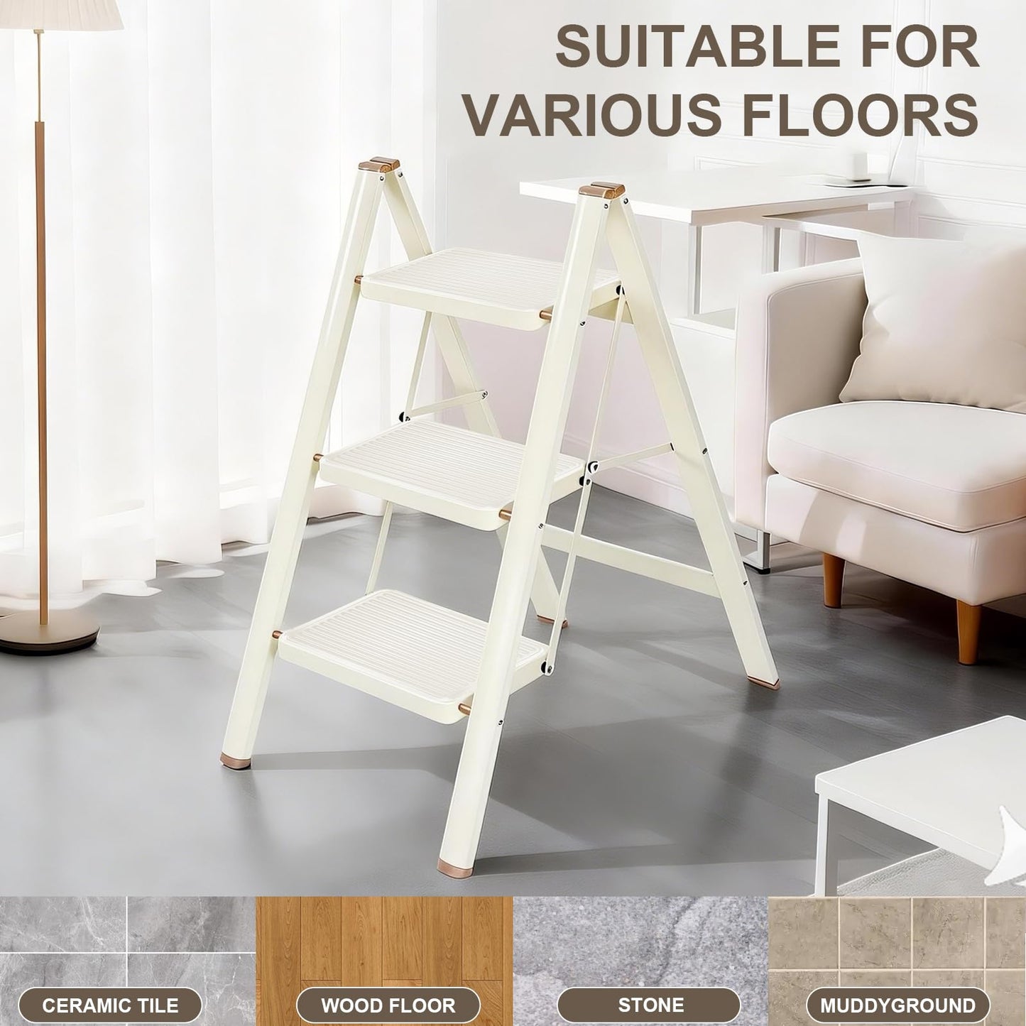 Valeo 3 Step Ladder,Lightweight Folding Step Stool with Wide Anti-Slip Pedal, 330LBS Capacity, Heavy Duty,Sturdy Iron Metal Step Stool for Home, Kitchen, Closet, Adults, Cream White
