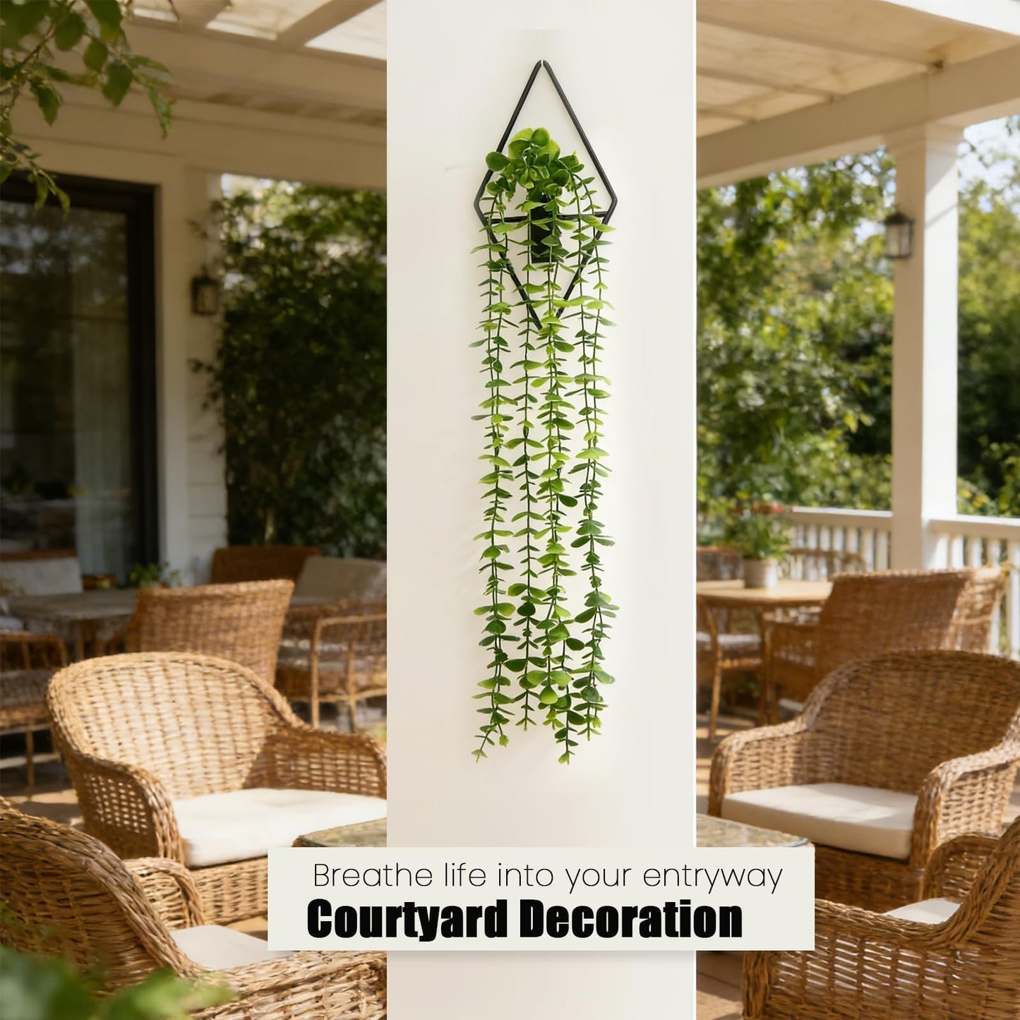 GREENTIME 2 Pack Fake Succulent Plants Hanging Artificial Ivy Vine with Black Diamond Metal Hanging Vase Faux Hanging Eucalyptus for Teacher Appreciation Living Room Bedroom Boho Kitche Wall Shelf