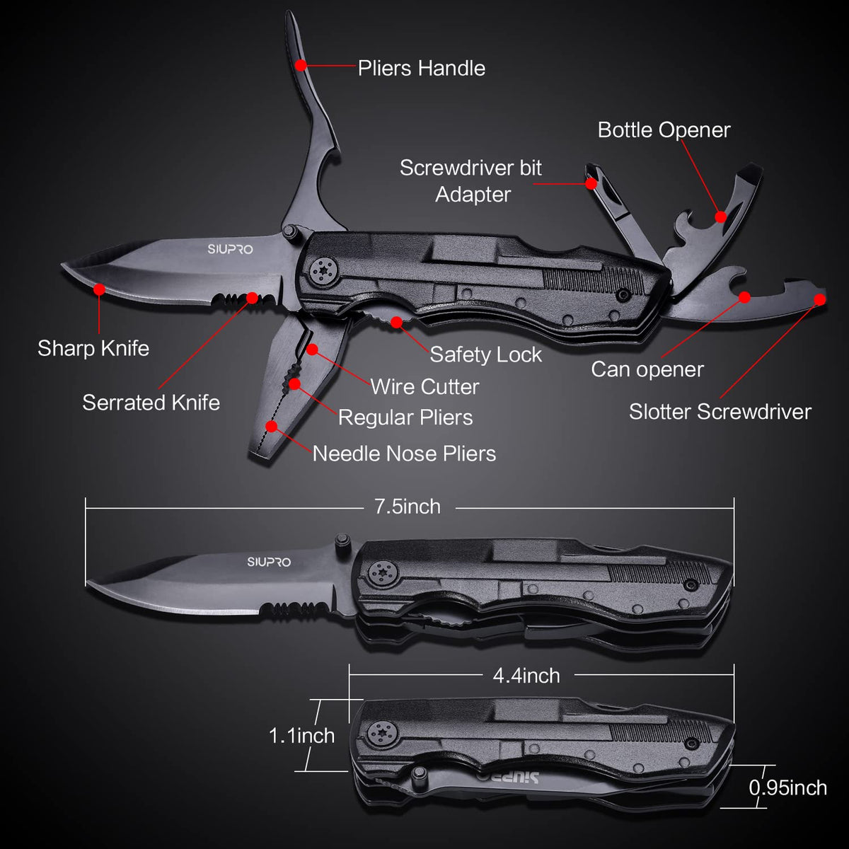 Multitool Pocket Knife for Men, Tactical Folding Multi Tool, Multipurpose Utility Plier Set, Camping, Survival, Hiking Gear, Screwdriver Kit, Mens Gifts Idea