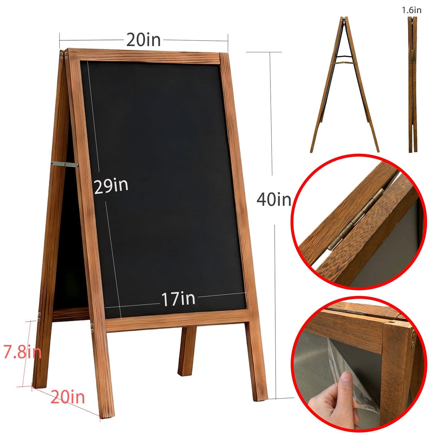 A-Frame Chalkboard Sign Large 40" x 20" Double-Sided Outdoor Foldable Blackboard Magnetic Wooden Sidewalk Signs Standing Board for Cafes & Events