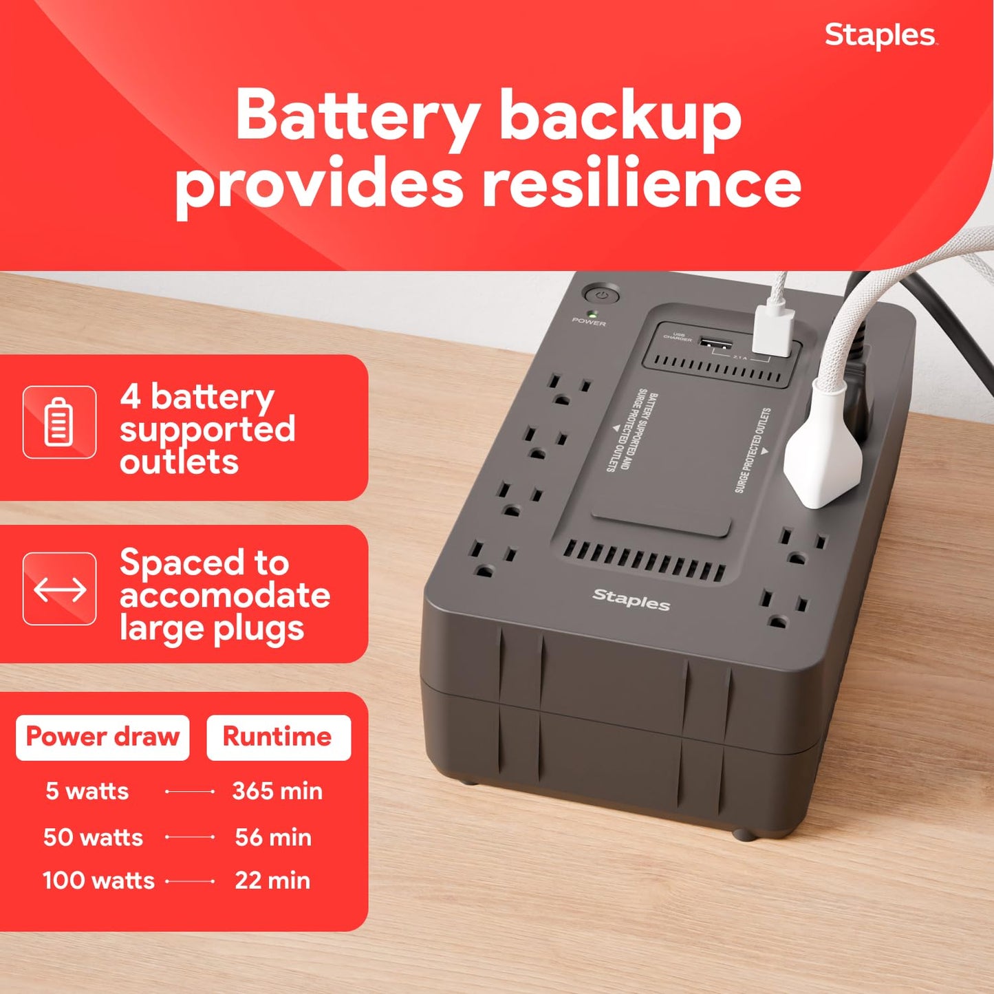 Staples TECH 650VA UPS Battery Backup with 8 Outlets – Standby Power Supply & Surge Protection for Computers, Routers & Home Office Electronics, Black