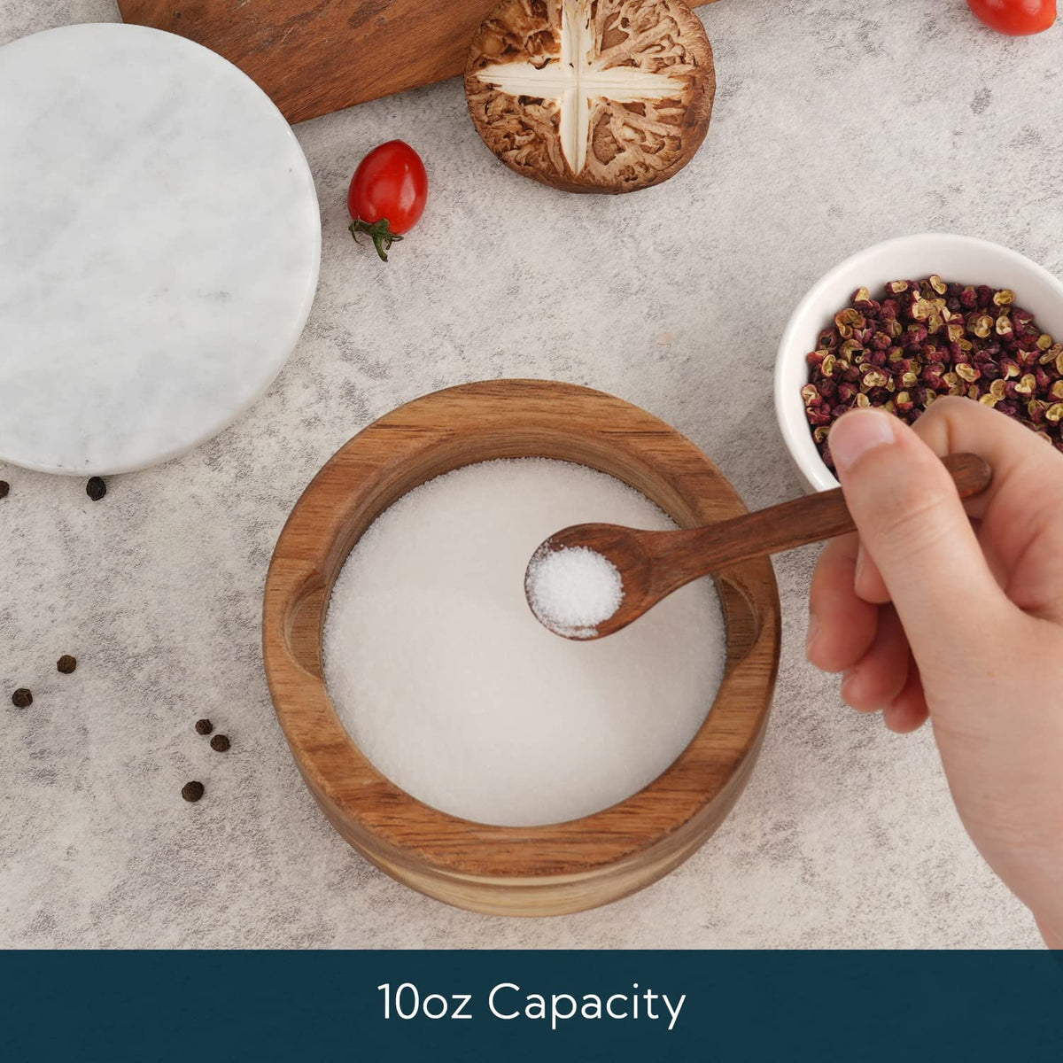 KITCHENDAO Marble Lid Acacia Salt Cellar Box Bowl with Built-in Spoon and Swivel Magnetic Lid Acacia Salt Cellar Box with Built-in Spoon