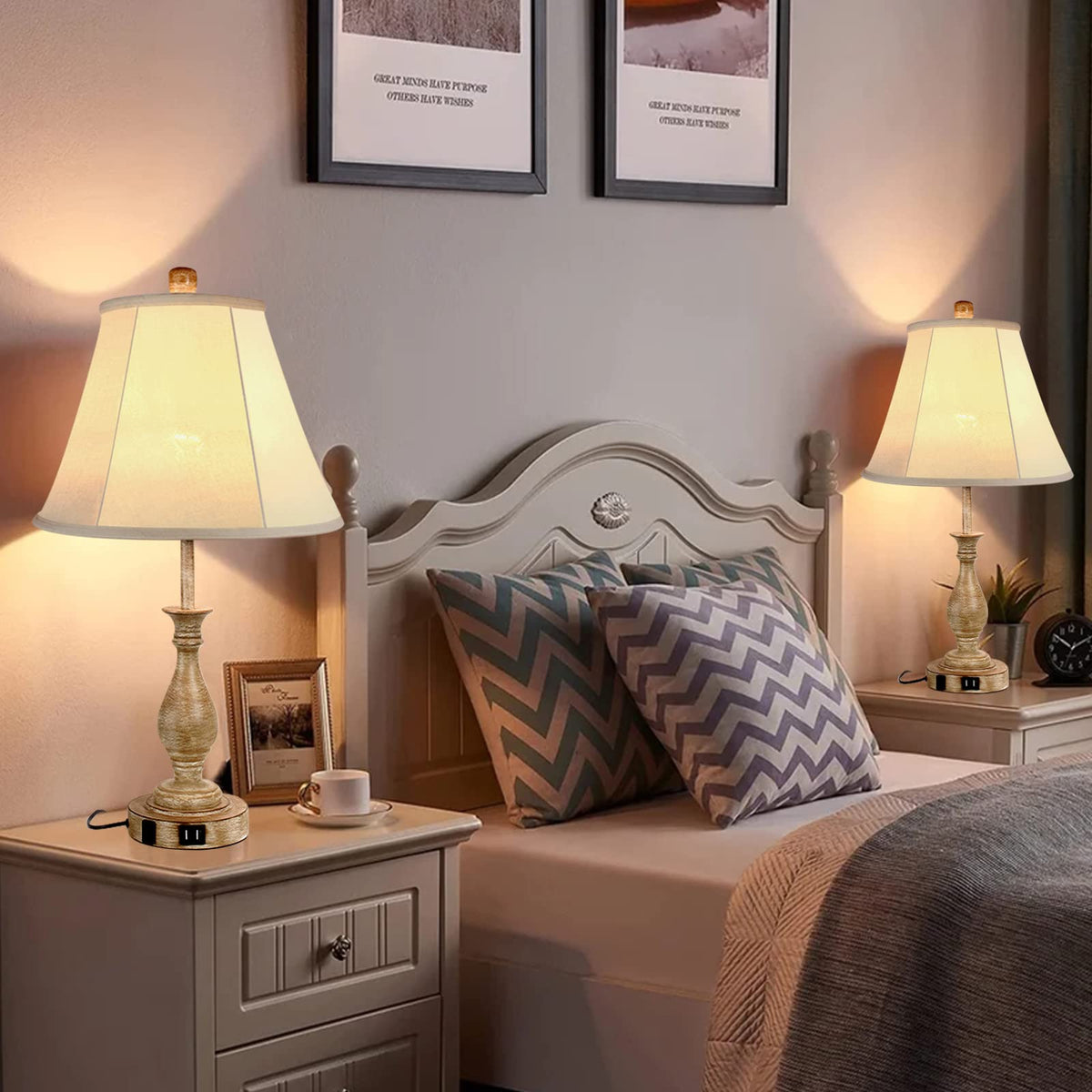 LALISU Farmhouse Table Lamp Touch Control 3-Way Dimmable Table Lamp, Modern Nightstand Lamp with 2 USB Port Bedside Desk Lamp with Fabric Shade for Living Room Bedroom Hotel (Pack 1-Beige Shade)