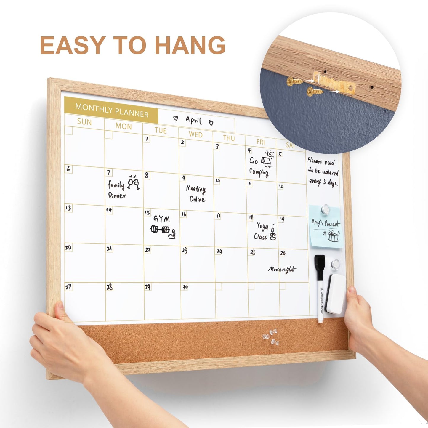 ARCOBIS Calendar Whiteboard with Cork Board, 24"x18" Wood Frame Dry Erase Calendar for Wall, Magnetic Monthly Combination Board for Home, Office, School, Kitchen, Beige