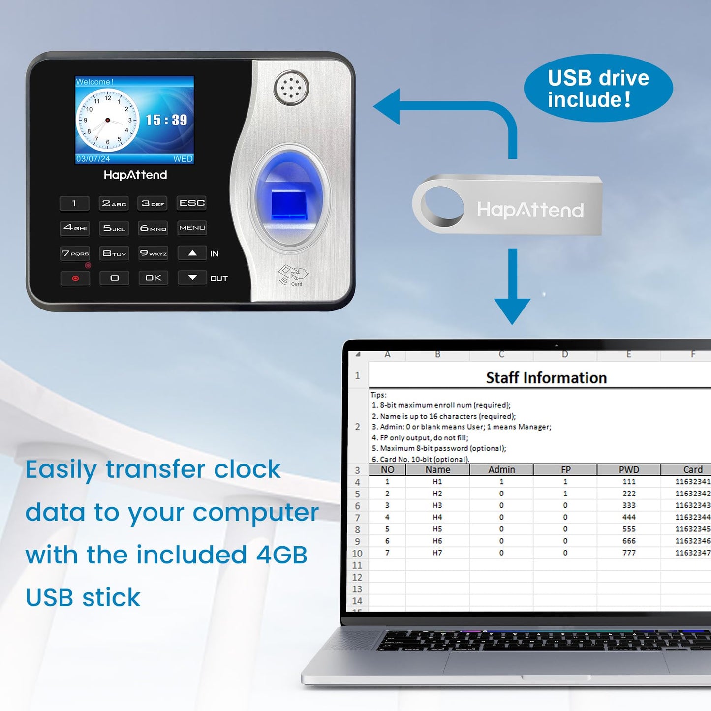 HapAttend Time Clocks for Employees Small Business Automatic Calculate Hours, 0 Monthly Fees Fingerprint Time Clock, H3 Standalone Biometric Clock in Machine for Employees with 5 RFID Cards (No WiFi)