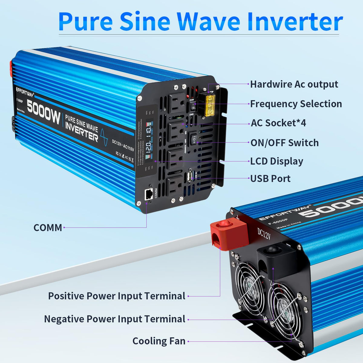 5000W Pure sine Wave Inverter DC 12V to AC 110V/120V Converter 10000w (Peak) with LCD Display Wireless/Wired Remote Control 4AC outlets 4USB and Hardwired AC.Ideal for RV Travel Off-Grid Solar Systems