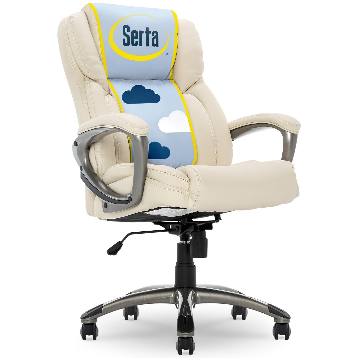 Serta Garret Executive Office Chair, Ergonomic Mid-Back with Lumbar Support, Semi-Plush Cushion and Body Pillows, Padded Armrests, Swivel Base, Bonded Leather, Ivory White