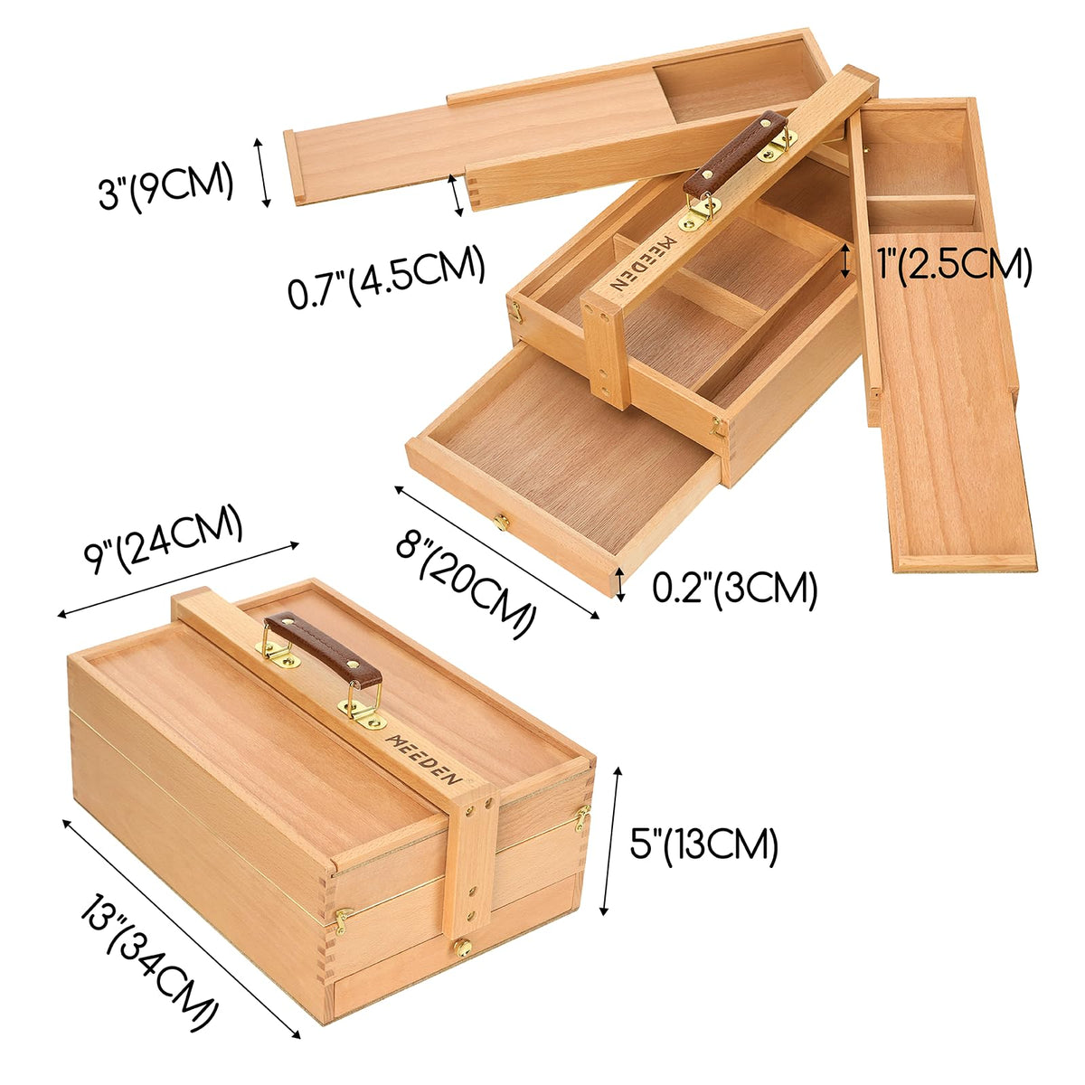 MEEDEN Artist Supply Storage Box - Portable Foldable Multi-Function Beech Wood Artist Tool & Brush Storage Box with Compartments & Drawer for Pastels, Pencils, Pens, Markers, Brushes