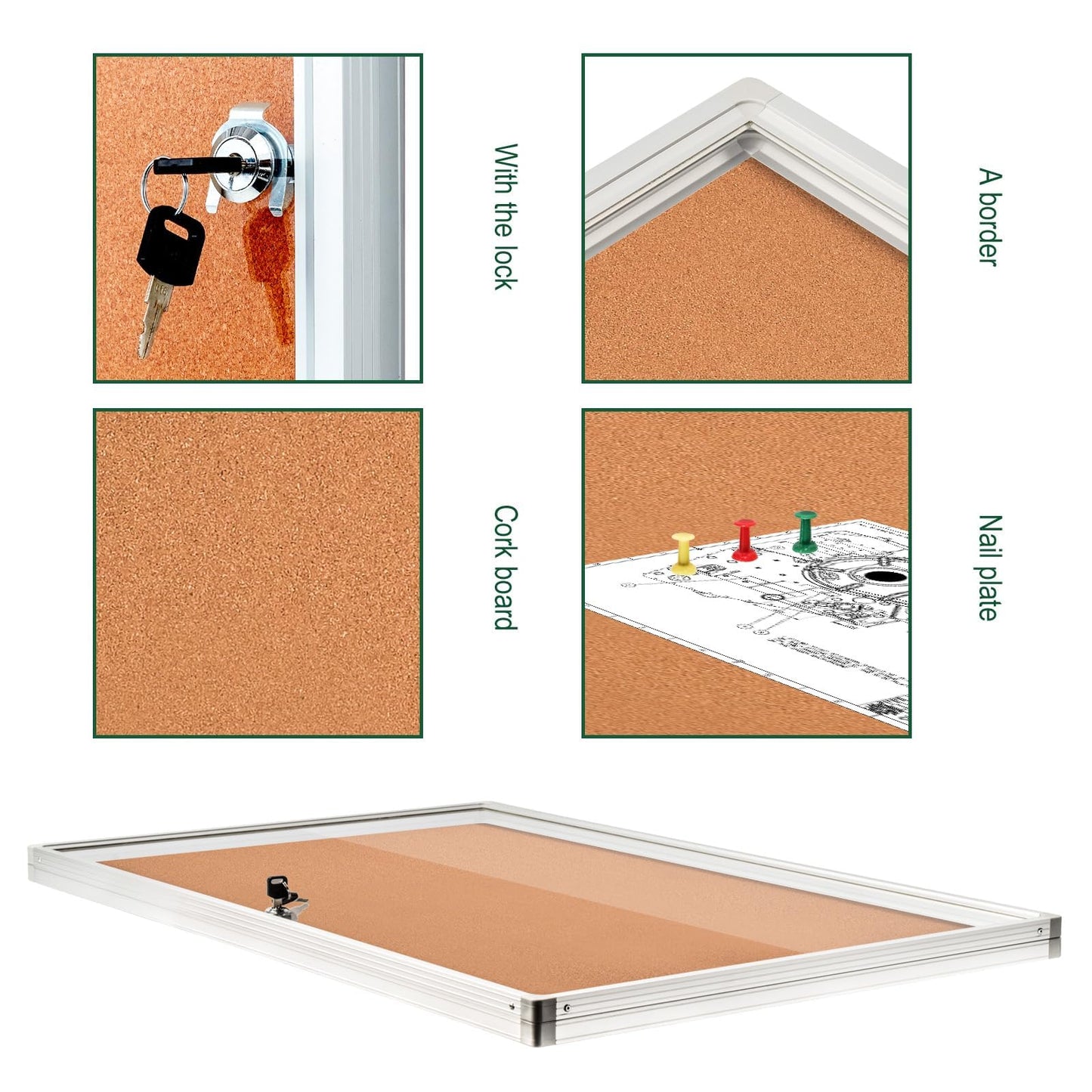 BIBOC Enclosed Bulletin Board,Lockable Cork Noticeboard with Aluminum Frame, Secure Display Case for School Office,Wall Display Case with Lock (Cork, 24×36 inches)