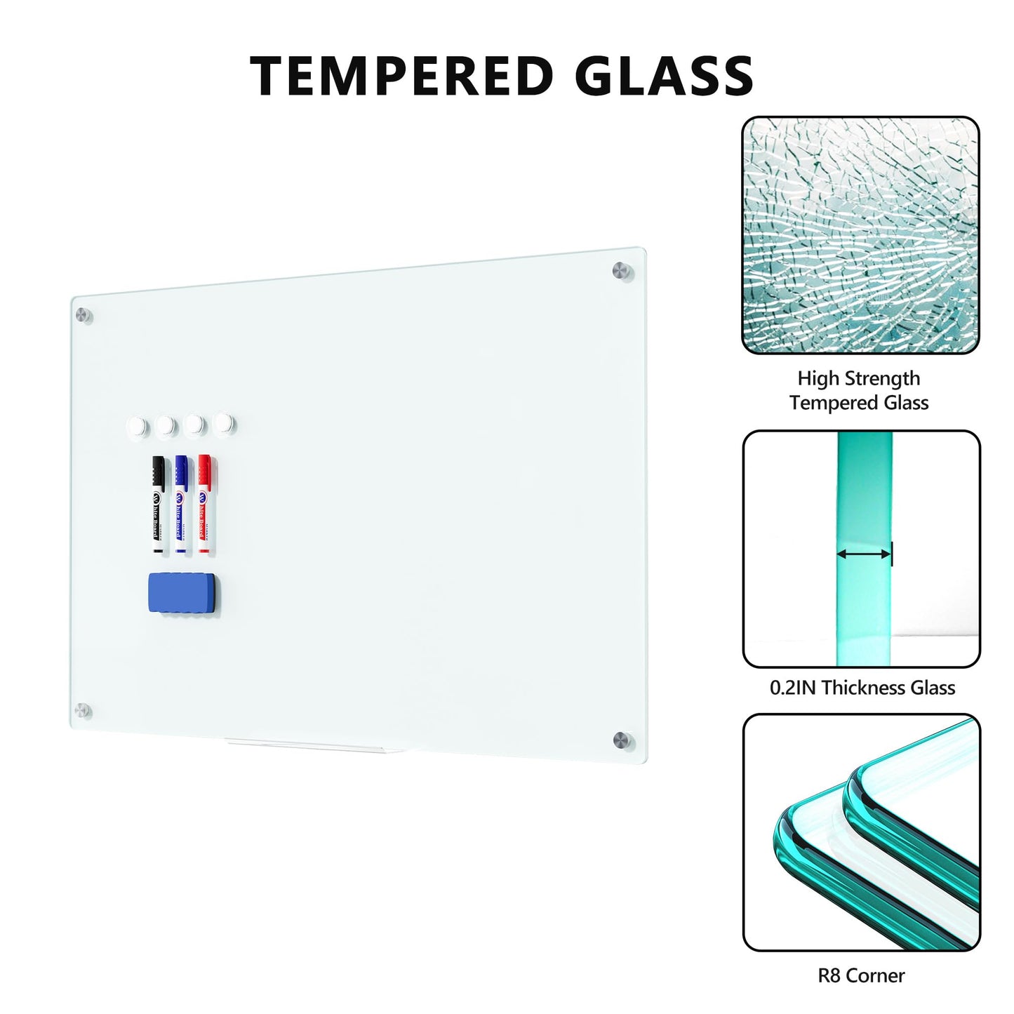 Magnetic Glass Whiteboard for Wall, 36" x 24" Large Dry Erase Board, Frameless Wall-Mounted White Board School, Classroom, Office & Home