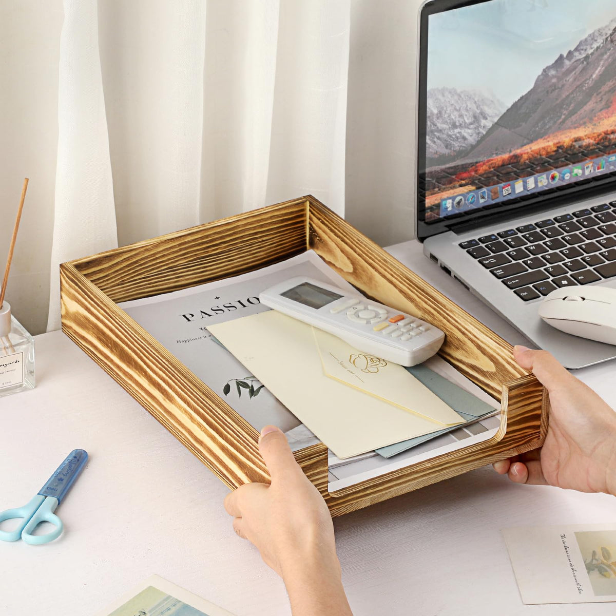 BTSKY Wood Letter Tray Front-Load Document Organizer for Office Desktop Organizer - Desk Magazine, File Folder, Paper Holder - Stackable Paper Document File Tray, 1 Pack