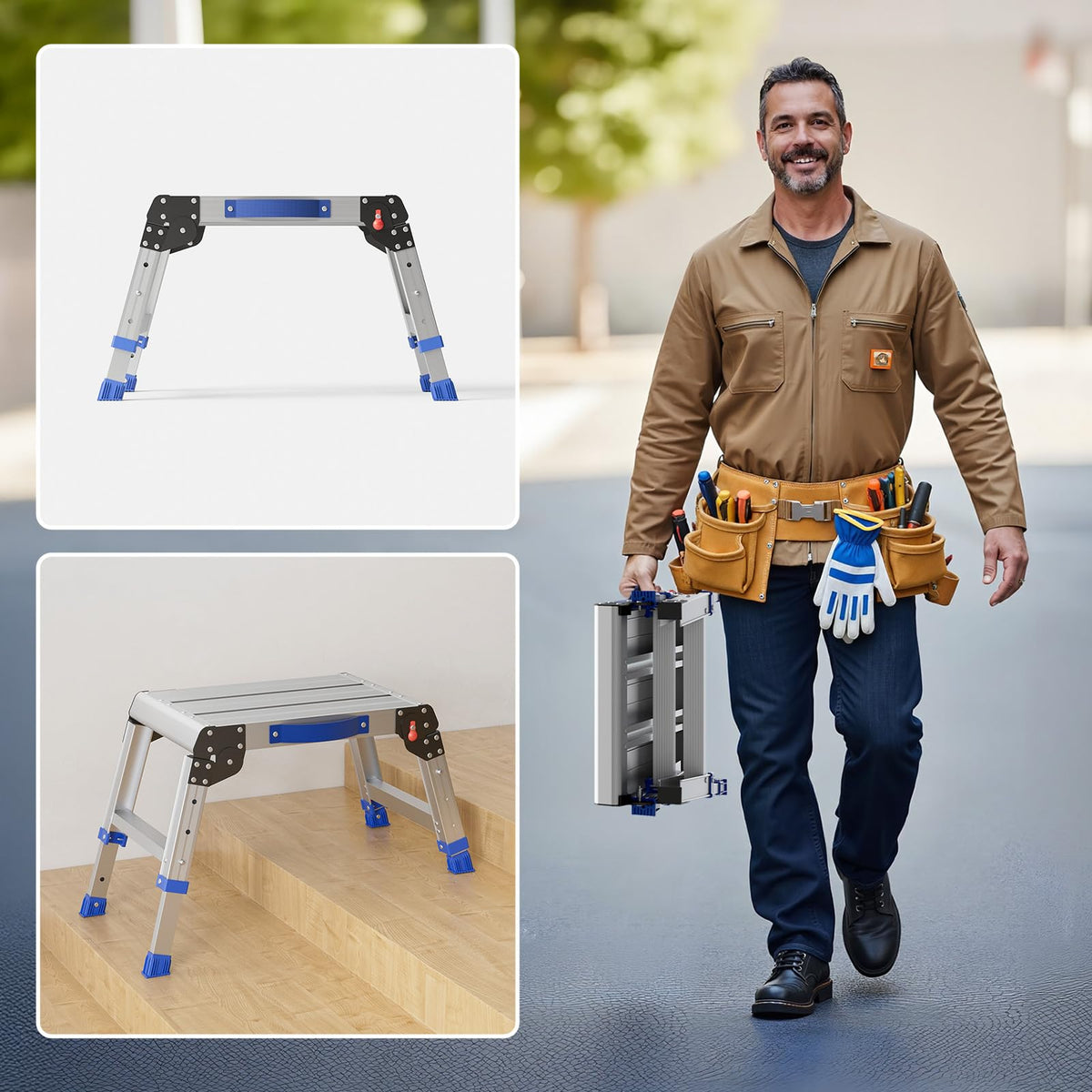 Loyoda Folding Step Stool for Adults, Aluminum Work Platform Adjustable Height, Lightweight and Durable Portable Outdoor Aluminum Step Stool Foldable, Maximum Load Capacity of 440 Pounds.