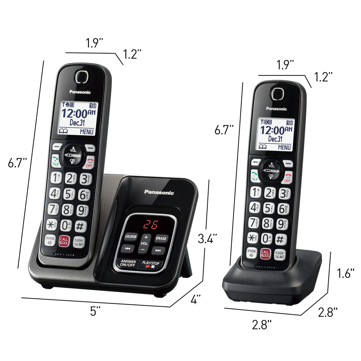 Panasonic Cordless Phone with Answering Machine, Advanced Call Block, Bilingual Caller ID and High-Contrast Display, Expandable System with 3 Handset Cordless Telephones - KX-TGD833M (Metallic Black)
