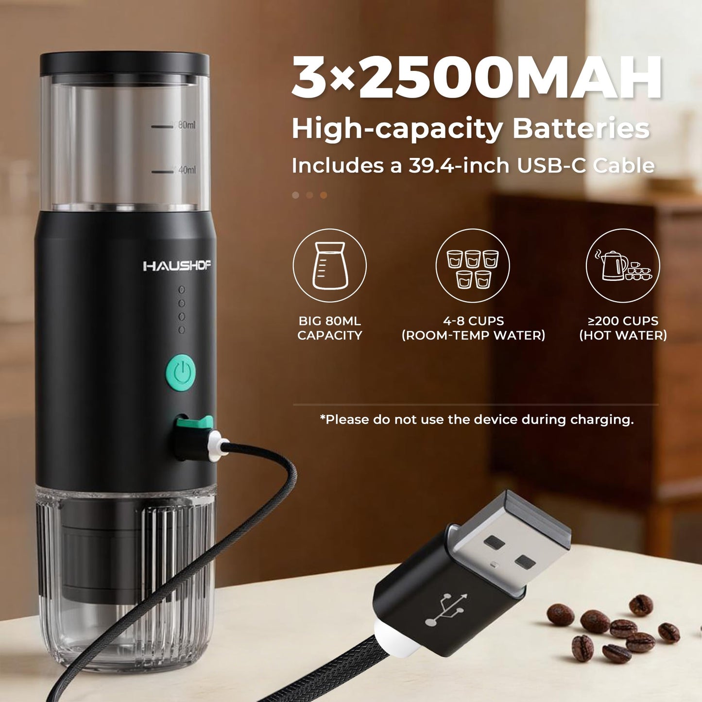 HAUSHOF Portable Electric Espresso Machine, 20 Bar Fast Heat-Up Travel Coffee Maker, USB-C Rechargeable Compatible with Ground Coffee & NS Capsules, for Car, Camping, RV, Hiking & Office