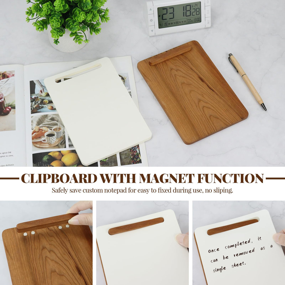 MultiBey Cherry Wood Memo Board - Magnetic Notepad Holder with 50 Custom-Cut Paper Refills and Wood Ballpoint Pen, Flush Writing Surface Wood Board for Menus, Checklists, Office Desk