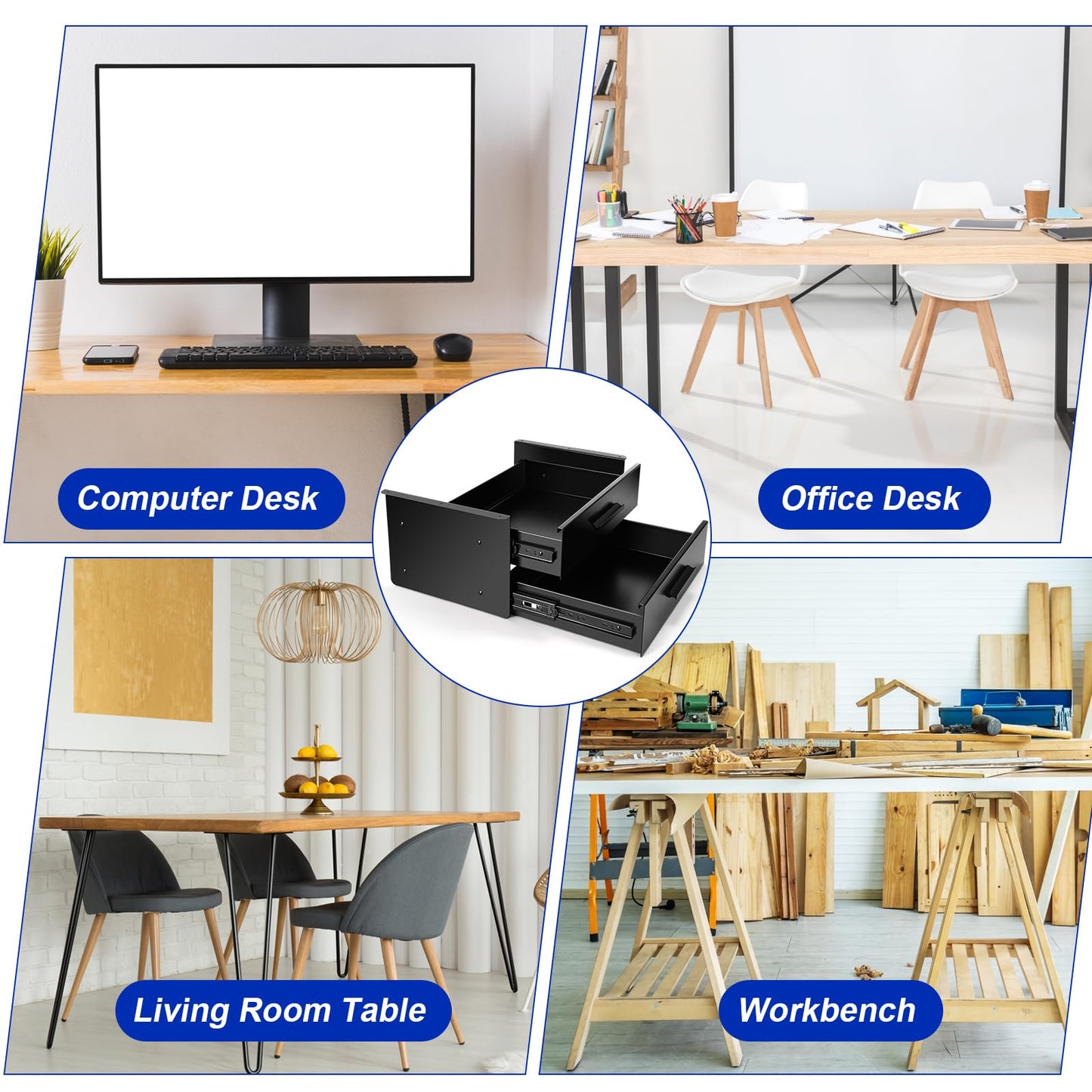 Menkxi 16 inch Under Desk Drawer Storage Pull out Storage Organizer Mounted Metal Sliding Hidden Under Counter Drawer Vertically Stacked for Office Sit Stand Workstation (Black,2 Layer)
