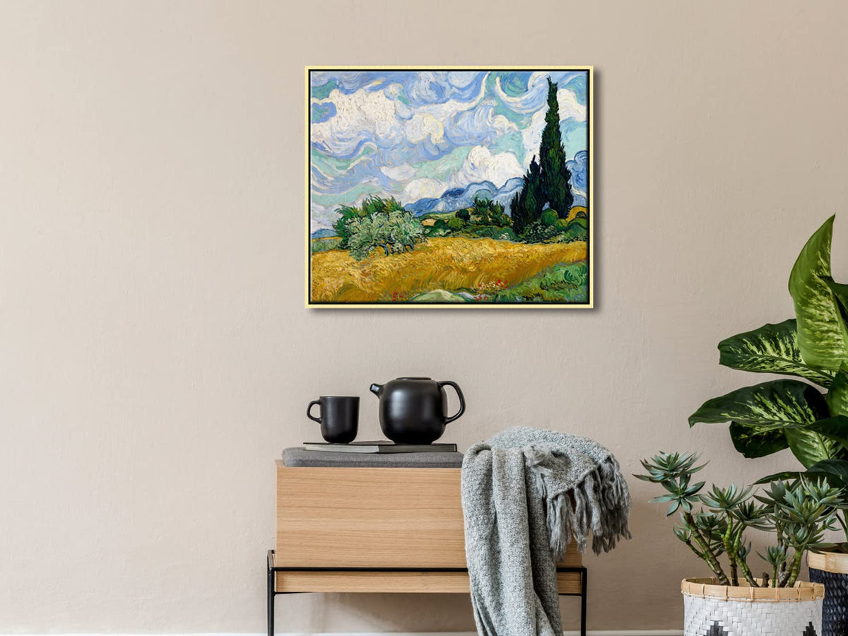 Wieco Art Framed Canvas Art Wheat Field with Cypresses by Van Gogh Impressionist Landscape oil Paintings Canvas Prints Artwork Wall Art for Living Room Home Office Decorations