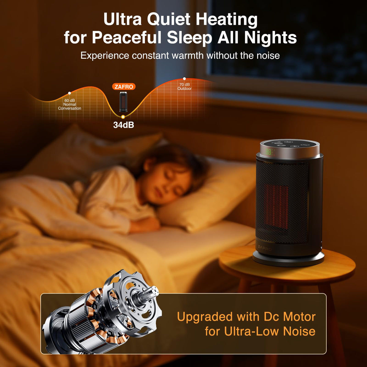 ZAFRO Space Heater, Ultra Quiet Portable Electric Heaters for Indoor Use with Thermostat, 1500W Large PTC Ceramic Fast & Wide-Angle Heat, Digital Display, 8 Safety, 5 Modes, 24H Timer for Office Home