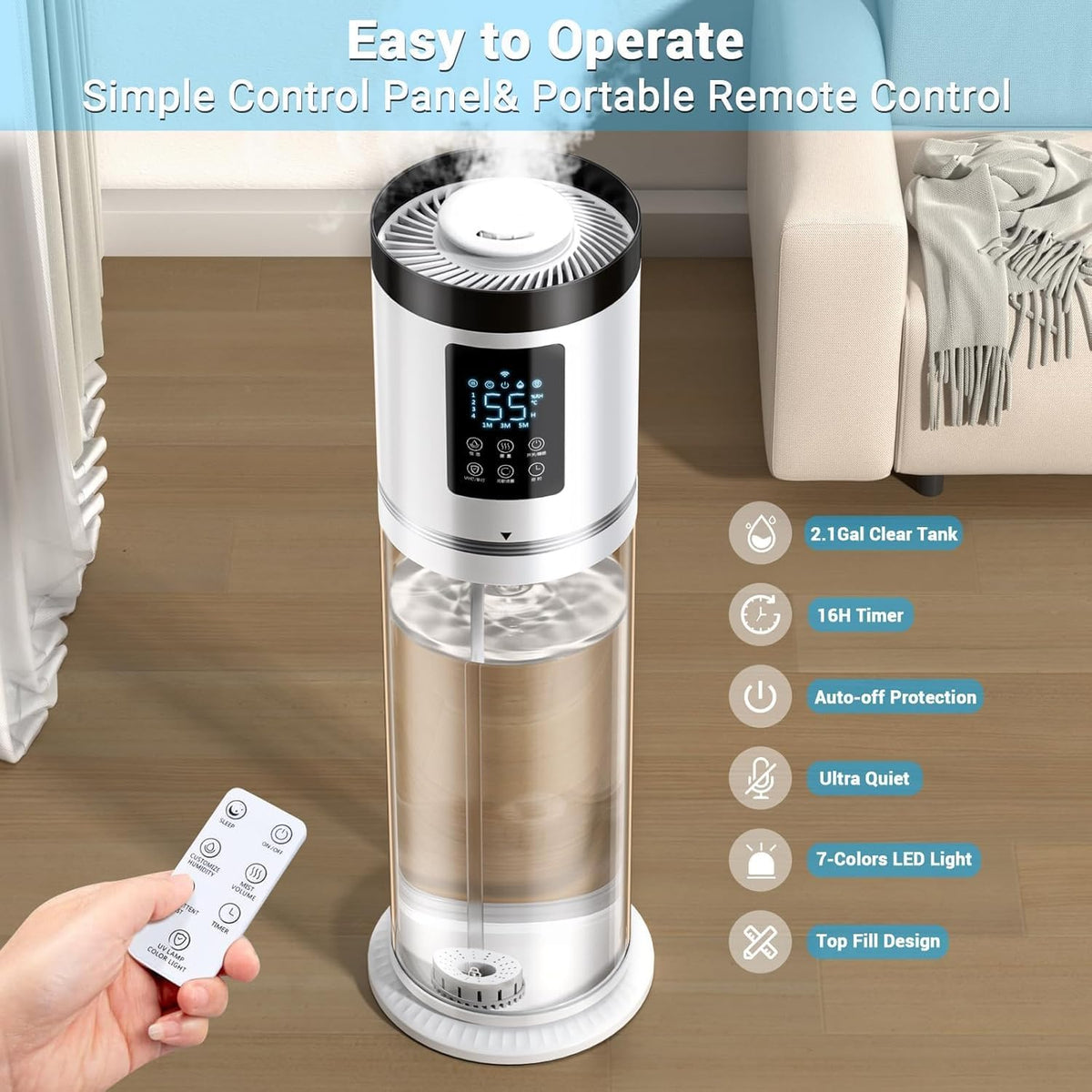 8L/2.1Gal Humidifiers for Bedroom Large Room with Clear Tank, 7-Color Light, 36dB Ultrasonic Cool Mist Humidifiers with Humidistat, Essential Oil Tray Top Fill Humidifier for Home Bedroom Office