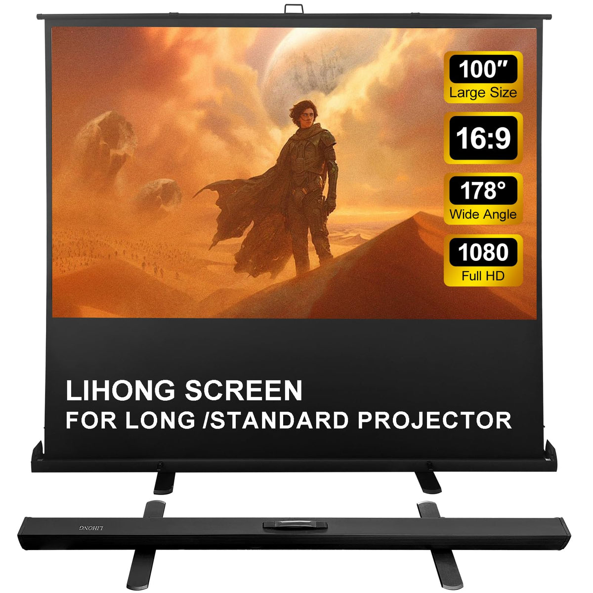 LIHONG Screen 100 inch 16:9 Portable Manual Pull Up Floor Rising Projector Screen Indoor & Outdoor HD Matte White for Long Standard Projection Fast Setup for Home Theater Movies,Classroom,Office