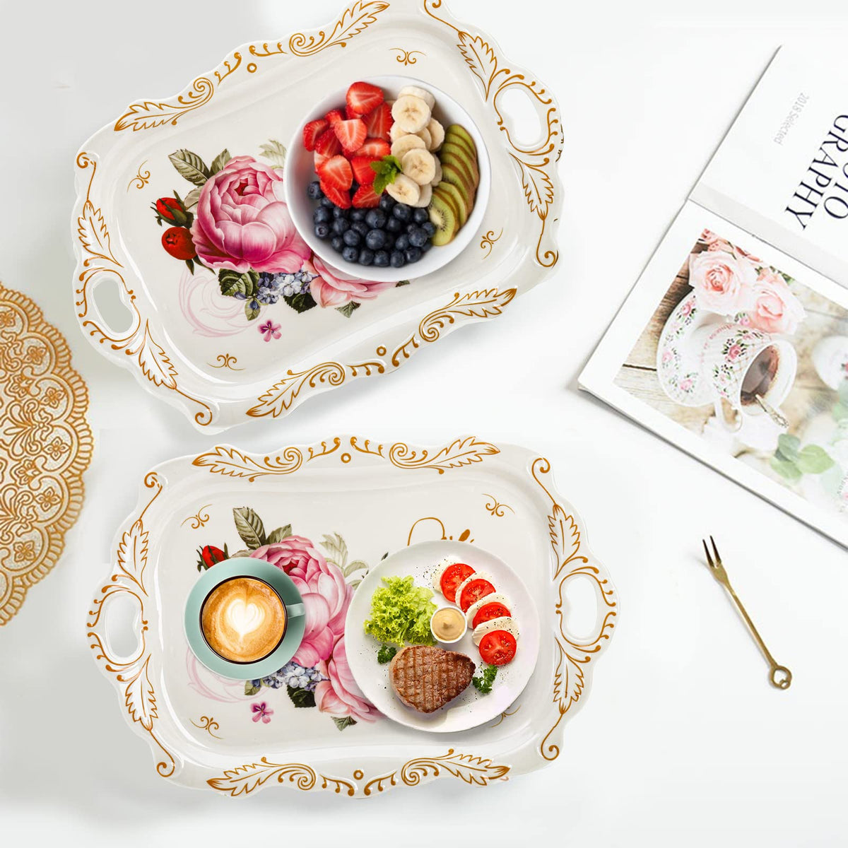DEAYOU 3-Pack Melamine Serving Tray, Stackable Food Tray with Handles for Eating, Unbreakable Large Serving Platter with Floral Print for Gift, Party, Decor, Home, Restaurant, 16"L x 11"W, Rectangle