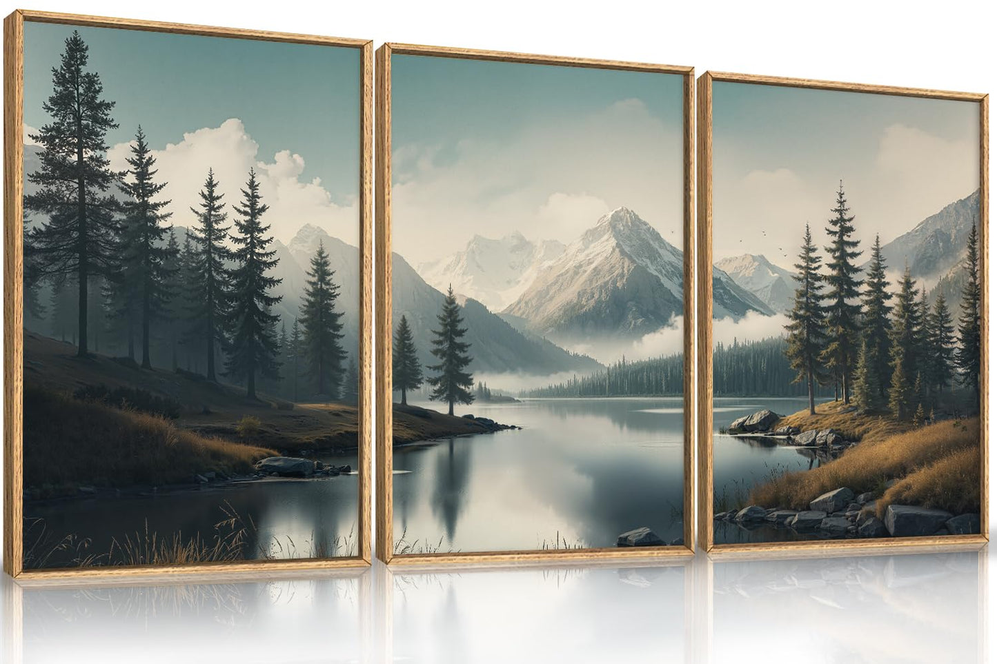 LHIUEM Large Mountain Misty Forest Framed Canvas Wall Art,Nature Ridge Foggy Wall Decor,Snow Lake Woodland Wall Painting,Pine Tree Artwork for Living Room,Bedroom,Dining Room,Office -16"x24"x3