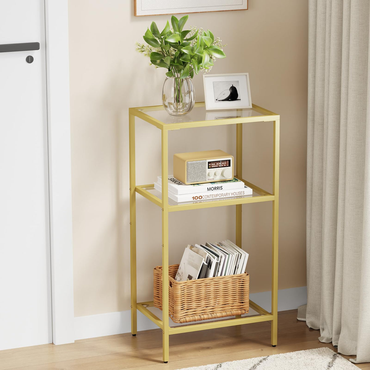 Draelibor Side Tables Set of 2, Tempered Glass End Table with Metal Frame, 3-Tier Small Nightstands with Storage Shelves,Tall Table Stand for Home Decor, Living Room, Bedroom, Office, Gold（2 Pack）
