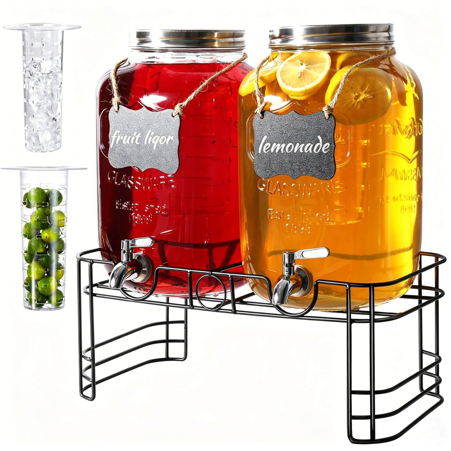 2 Gallon Drink Dispensers for Parties, 2 Pack Glass Beverage Dispenser with Stand & 18/8 Stainless Steel Spigot, Lemonade Jug for Wedding, Picnic, BBQ