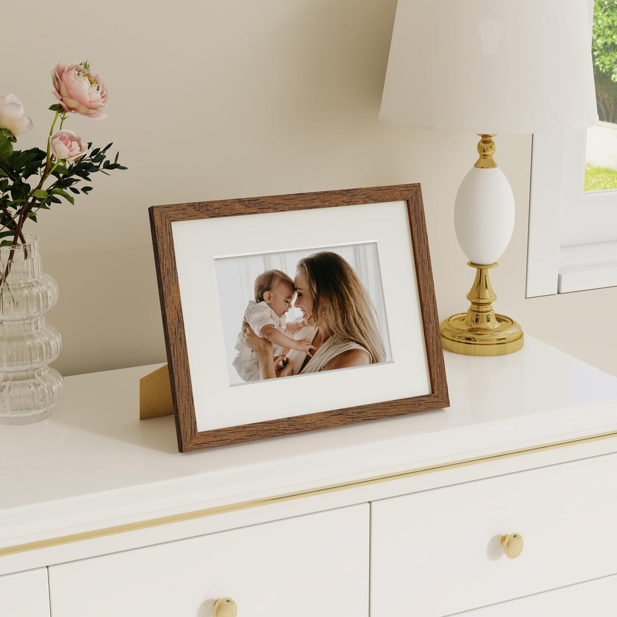 Dreamland 8x10 Picture Frame with Mat for 5x7, USA-Sourced Natural Oak Wood Photo Frames with Resistant Plexiglass, 8 x 10 Wooden Gallery Wall Frames for Art, Wall or Tabletop Display, Walnut