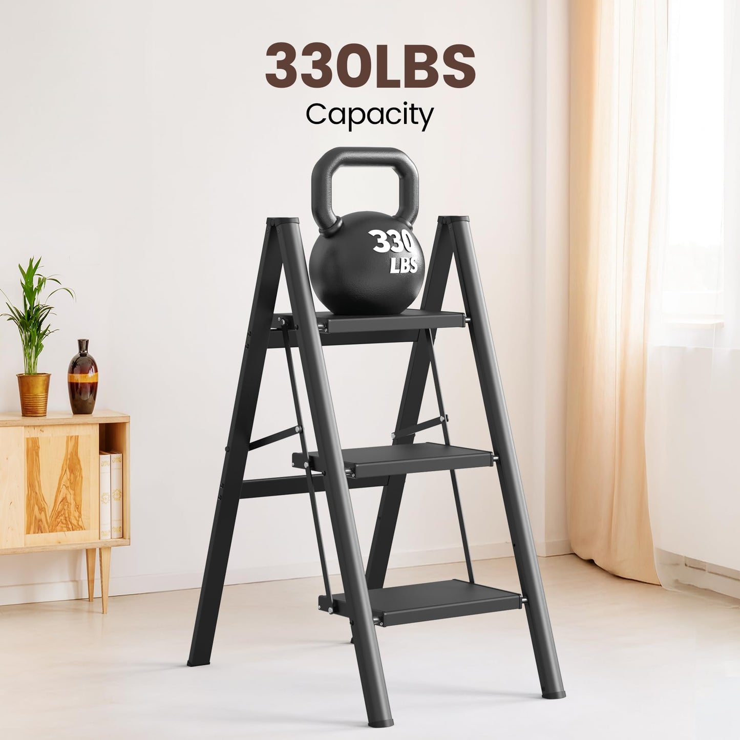 HBTower 3 Step Ladder, Lightweight Aluminum Folding Step Stool, Step Stool Foldable with Wide Anti-Slip Pedal, 330lbs Capacity for Home and Kitchen, Black