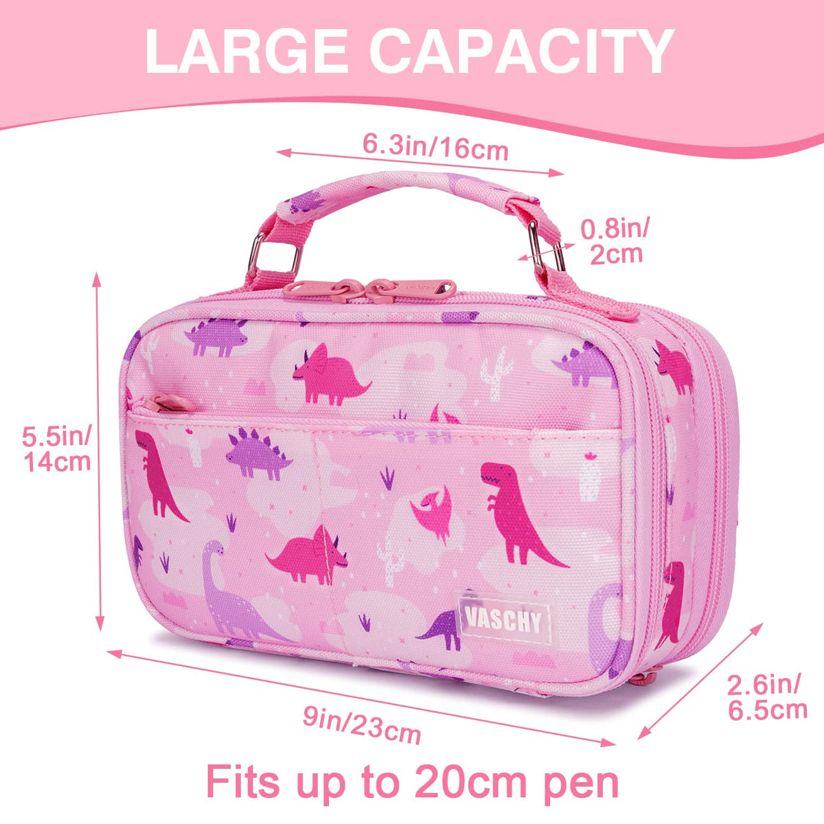 VASCHY Pencil Case for Girls, Aesthetic Kawaii Large Pencil Pouch Stationary Pencil Bag/Box for Preppy Kids, Pen Organizer Holder School Supply Pink Dinos
