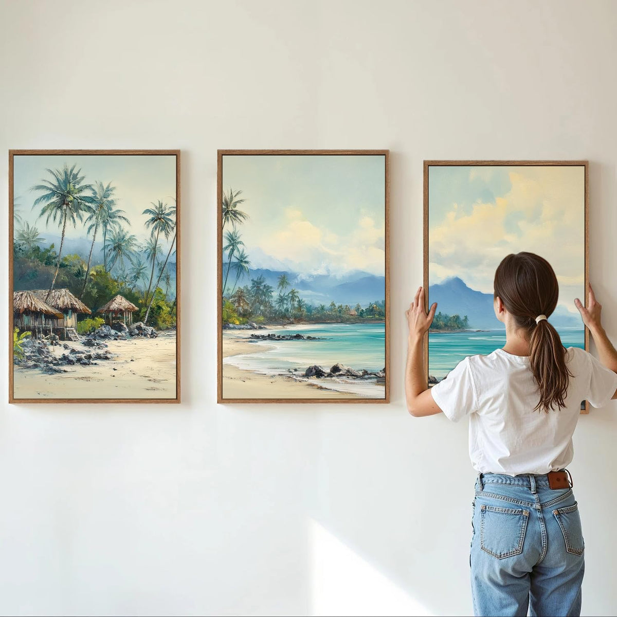 Rantodecor Tropical Coastal Framed Canvas Wall Art, Beach Landscape Posters Wall Decor, Island Palm Trees Beach House Art Paintings, Seascape Mountains Artwork for Bedroom Living Room Office 16"x24"x3