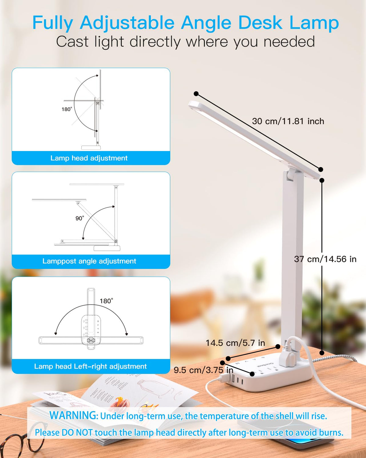 One Beat LED Small Desk Lamp Power Strip 5ft Extension Cord, 3 Outlets, 4 USB Ports(2 USB C), 4 Modes, 5 Level Touch- Home, Office, Bedroom, Bedside, Study Reading Light, Dorm Room Essentials, White