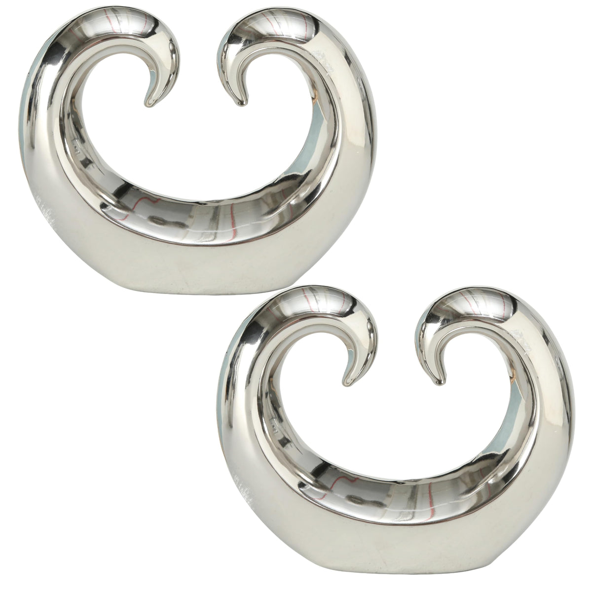 WHW Whole House Worlds Eternity Double Curled Wave Sculpture, Set of 2, Modern Art, Silver Titanium Glazed Ceramic Stoneware, 8 1/4 Inches, Abstract Table Top Accent