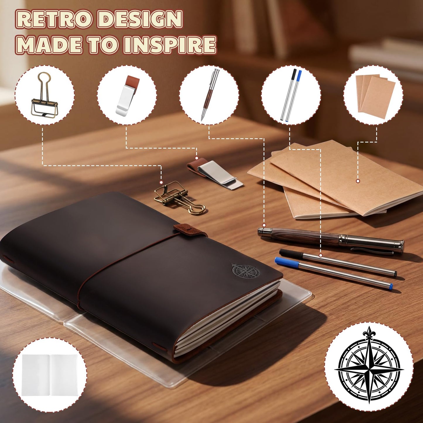 Thenshop Travelers Refillable Leather Journal Notebook Travel Diary Handmade Passport Travelers Journal for Men and Women with 3 Notebook Inserts, Pen Holder, Binder Clip