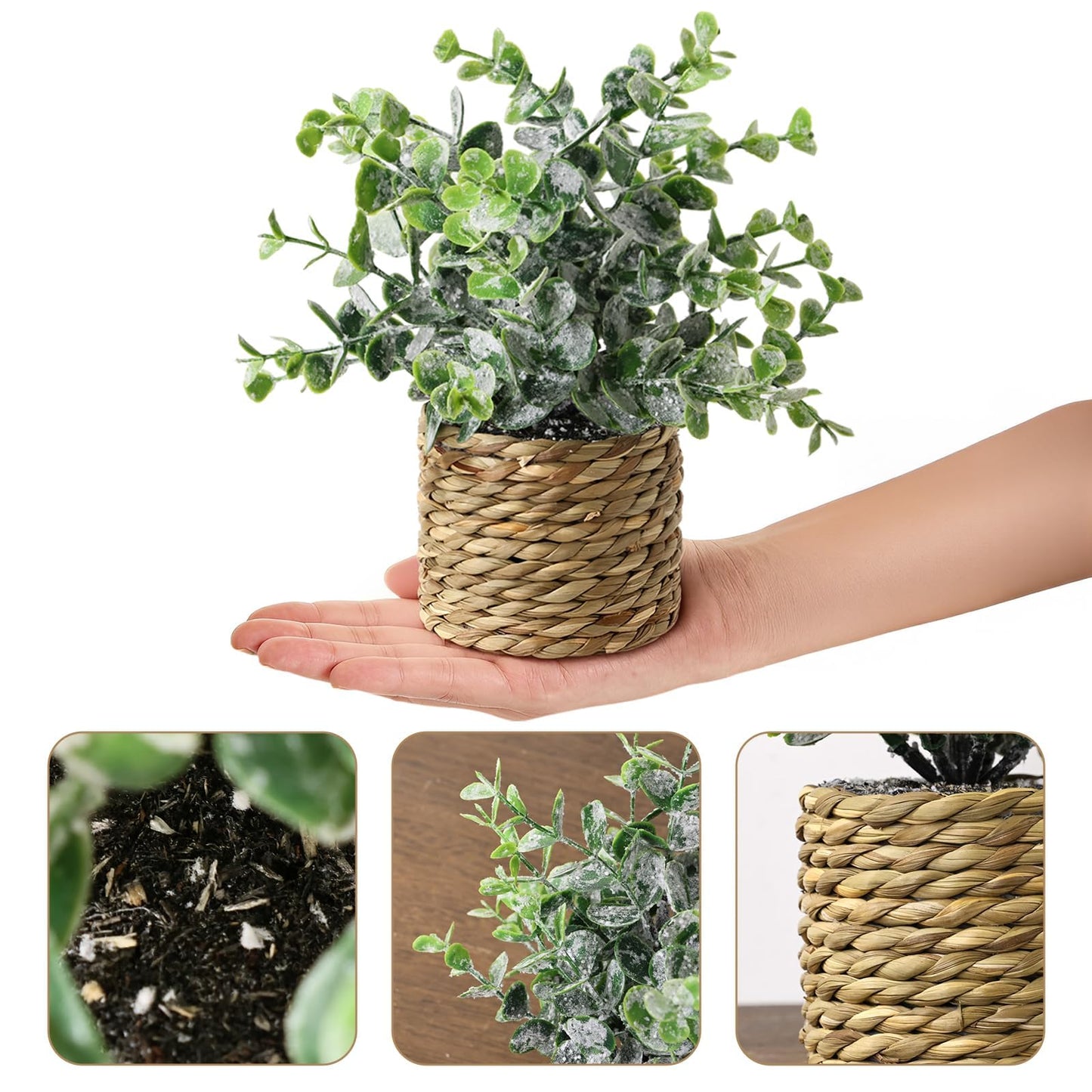Small Fake Potted Plants: 7 Inches Artificial Plants with Seagrass Handwoven Planters, Indoor Farmhouse Spring Decorations, Eucalyptus Plant for Home Bathroom Office Shelf Tabletop Desk Room Decor