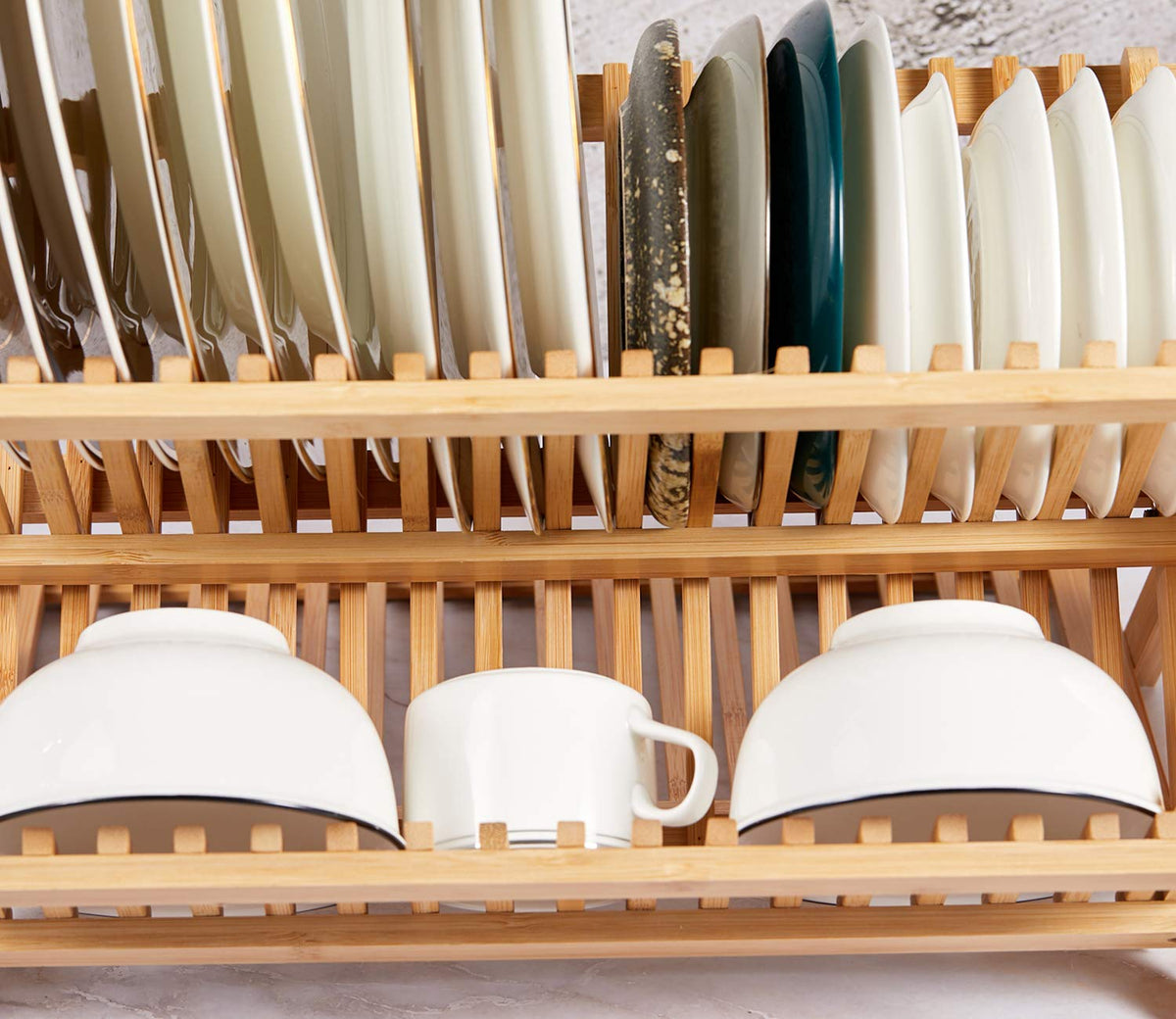 NOVAYEAH Bamboo Dish Drying Rack with Utensil Holder, Collapsible Wooden Dish Drainer Rack, 3-Tier Large Folding Drying Holder for Kitchen Counter 51 pcs Grid