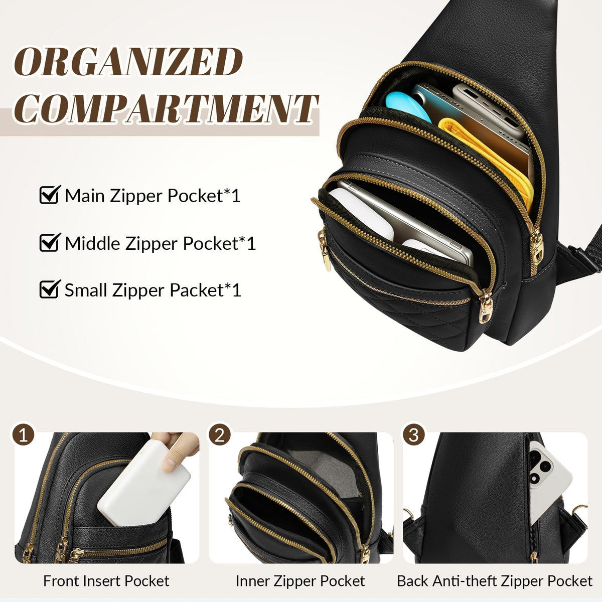 JASGOOD Women Anti-theft Crossbody Sling Bag, Leather Chest Bag Sling Backpack for Fashion Travel,Black