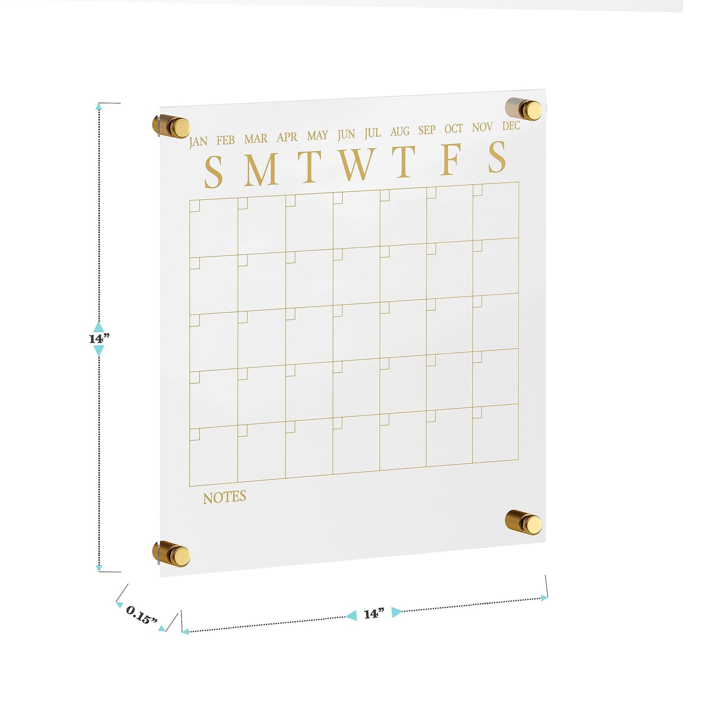 Martha Stewart Grayson Acrylic Dry Erase Wall Calendar with Dry Erase Marker, 14" Square, Clear with Gold Print