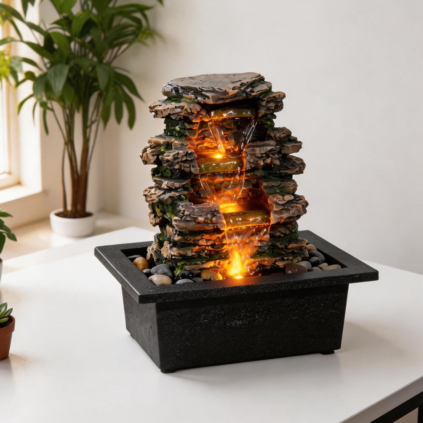 MAOCHI Tabletop Water Fountain, Home Décor Soothing Sound Machine with Automatic Pump, Deep Basin and Natural River Rocks. Indoor Zen Relaxation for Office, Living Room, or Bedroom Décor.