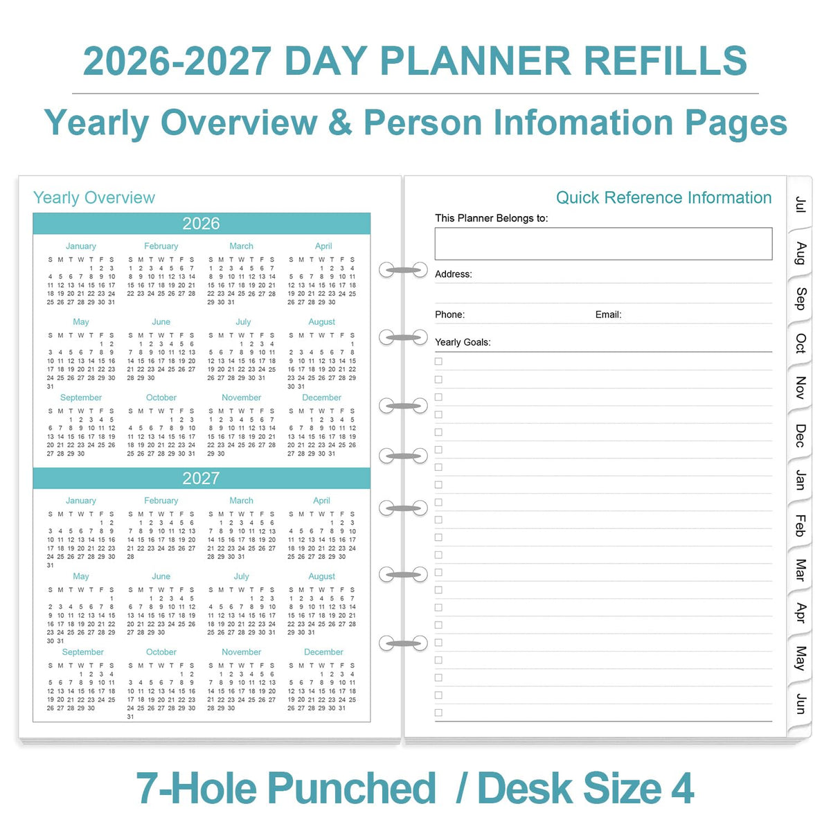 2026-2027 Planner Refills - One Page Per Day Daily ＆ Monthly Planner, July 2026-June 2027, 7-Hole Punched，Prioritized, To-Do List, Notes, Appointment Schedule, Desk Size 4, 5.8" x 8.3"