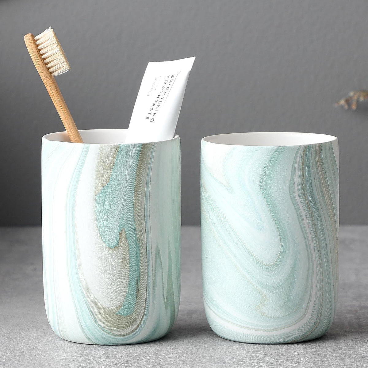 Green Marble Toothbrush Holders - Ceramic Toothbrush Holders for Bathrooms, Toothbrush Toothpaste Holders, Marble Bathroom Tumbler Cups Reusable Toothbrush Mouthwash Cup, Bathroom Counter Organizer