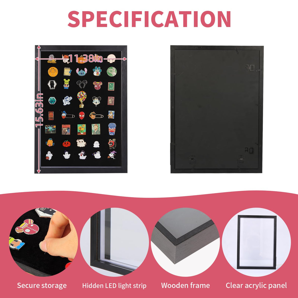swakuszy Light Up Pin Display Case – 16x12 Black Enamel Pin Display Board with Light, Pin Holder and Pin Collection Display Frame, Pin Display for Wall or Tabletop, Pin Board for Enamel Pins
