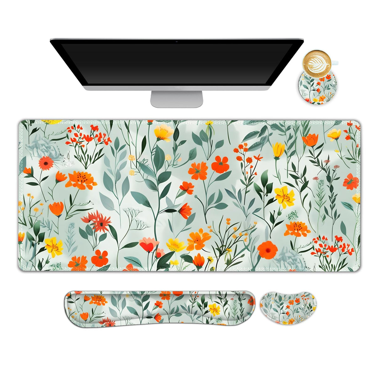 NXZGO Large Gaming Mouse Pad Set, 4 in 1 Ergonomics Keyboard Desk Mat Memory Foam Wrist Rest, Computer PC Extended Game Mousepad, Non-Slip Desk Matt Easy Typing Pain Relief I Blooming Orange Florals
