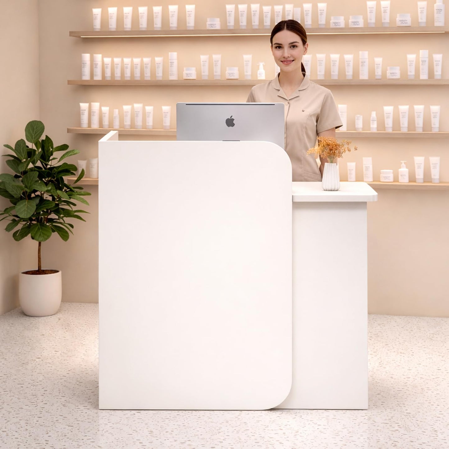 Small Reception Desk with Drawer, Compact Front Counter for Studio, Salon, Spa, Boutique — Modern Minimalist Check-in Table with Smooth Edge, Welcome Desk for Small Space (White, 23.6 in)